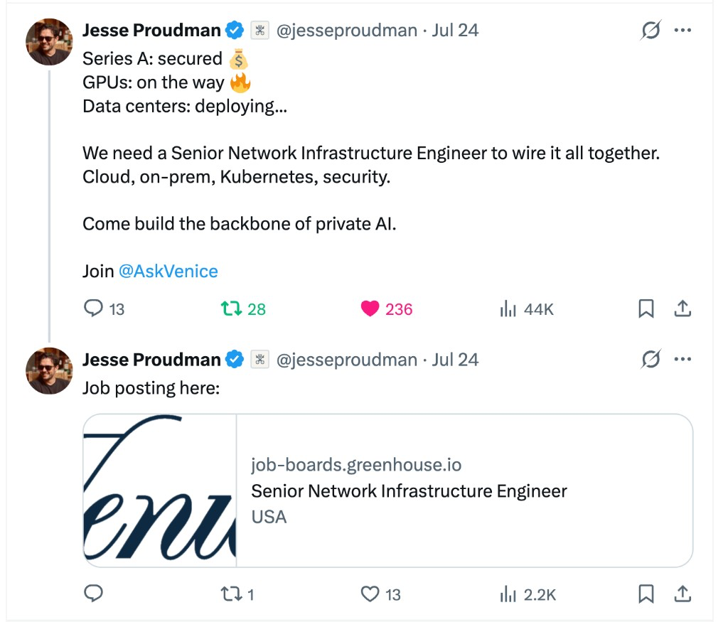 Jesse Proudman on X: Series A secured, GPUs on the way, data centers deploying