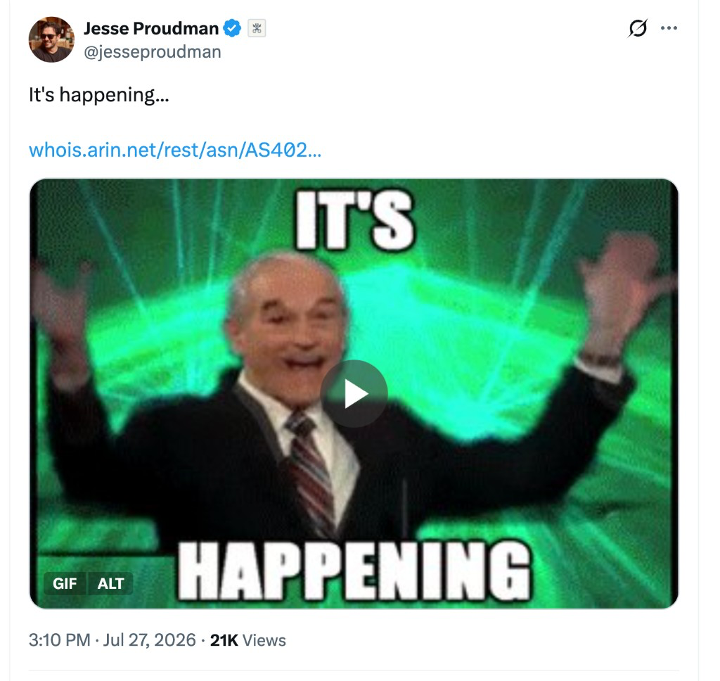 Jesse Proudman on X: It’s happening… with ARIN AS402818 link