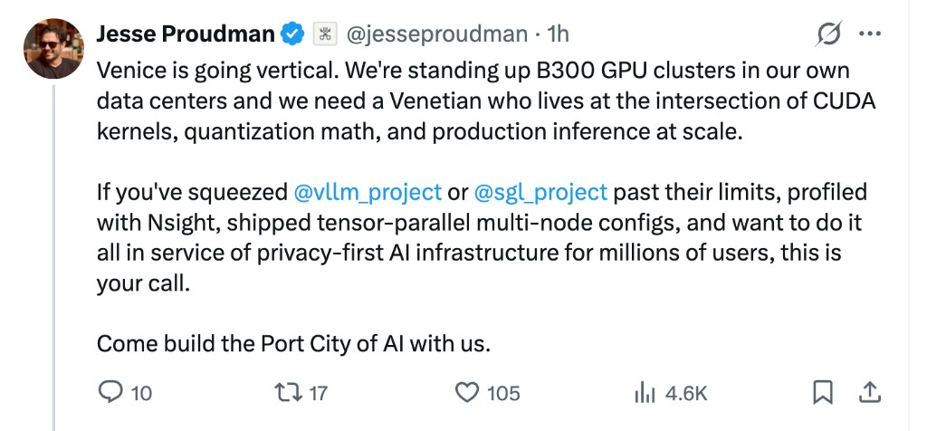 Jesse Proudman on X: Venice is going vertical, B300 clusters and inference hiring